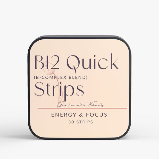 B12 Quick Strips 30 count energy and focus oral strips with vitamin B12 and green tea caffeine in cranberry flavor