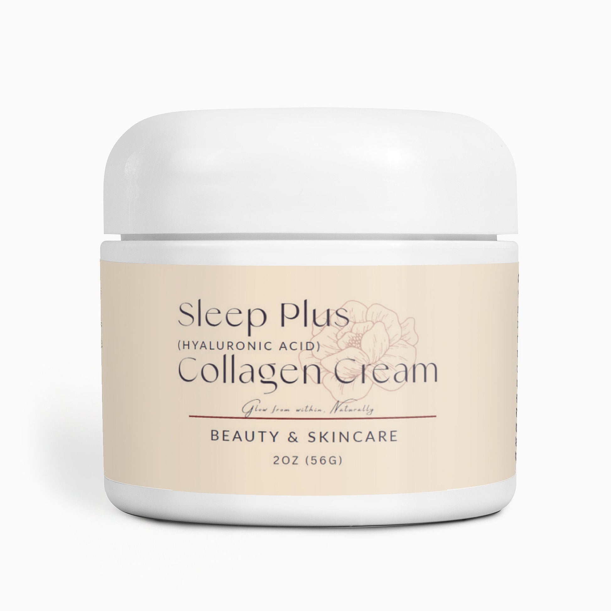 Sleep Plus Collagen Cream jar with hydrating collagen formula for nighttime skincare, 2oz container