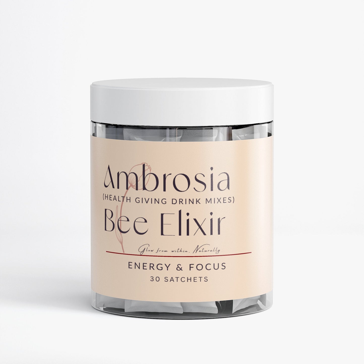Ambrosia Bee Elixir energy and focus health drink mix with 30 sachets in a clear jar