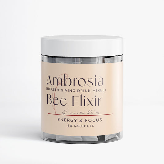 Ambrosia Bee Elixir energy and focus health drink mix with 30 sachets in a clear jar