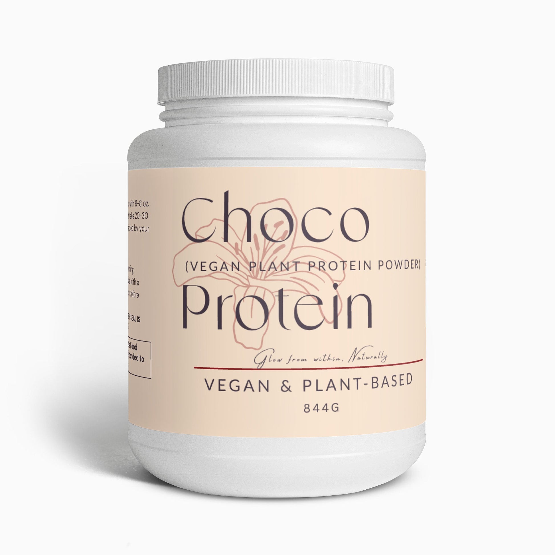 Rich chocolate plant protein powder vegan plant-based muscle recovery supplement in white container