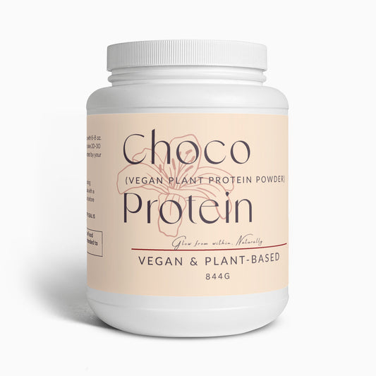 Rich chocolate plant protein powder vegan plant-based muscle recovery supplement in white container