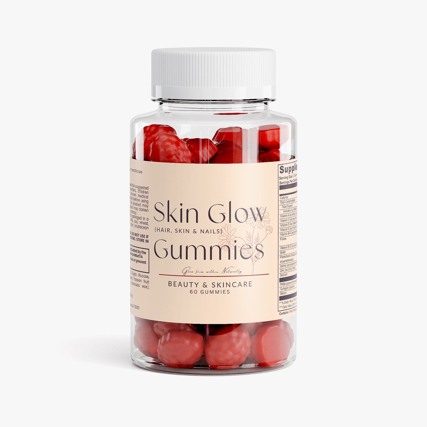 Bottle of Skin Glow Gummies for hair, skin, and nails beauty supplement with 60 red gummies inside